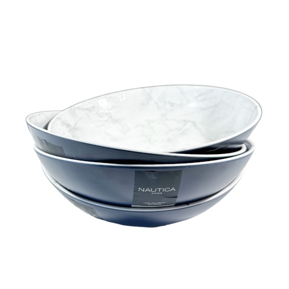 NEW Nautica Home BLUE & FAUX MARBLE Melamine Salad/Pasta/Soup Bowls Set/4